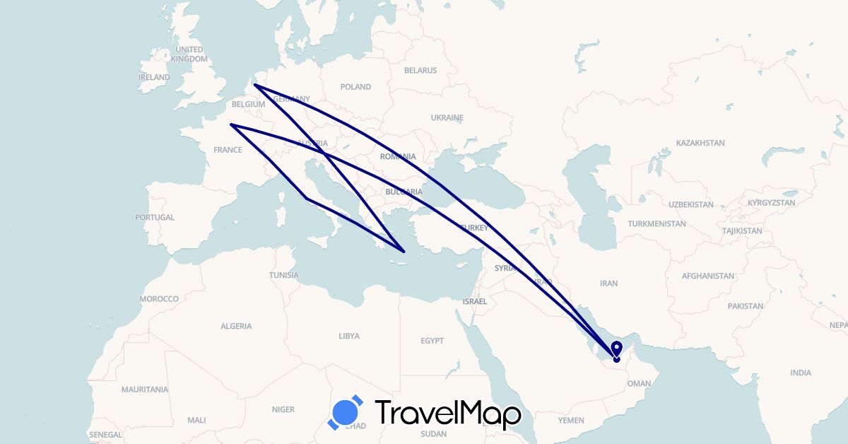 TravelMap itinerary: driving in United Arab Emirates, France, Greece, Italy, Netherlands (Asia, Europe)